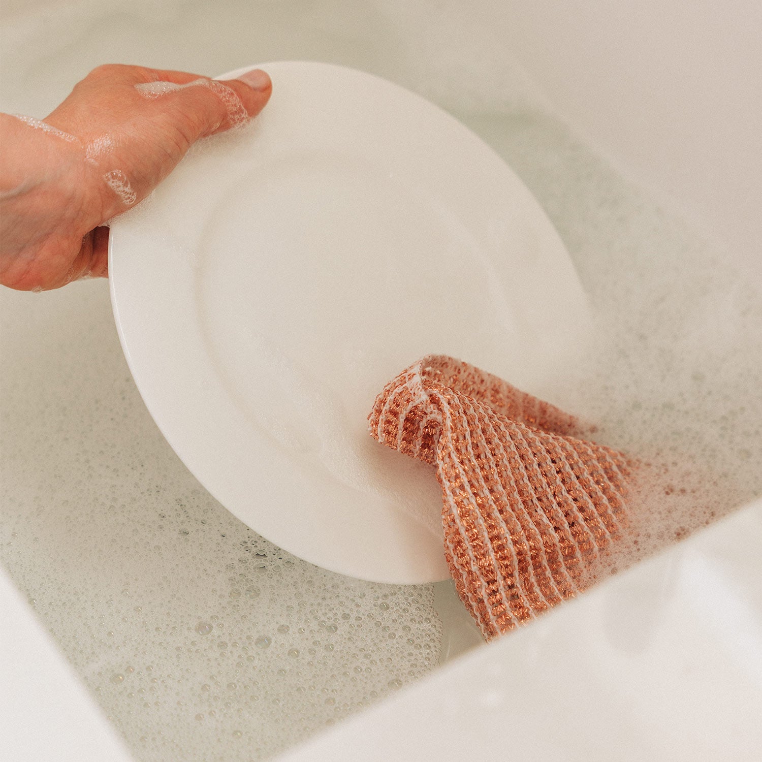 Antibakterielles Kupfertuch und ein Teller in einem Spülbecken.