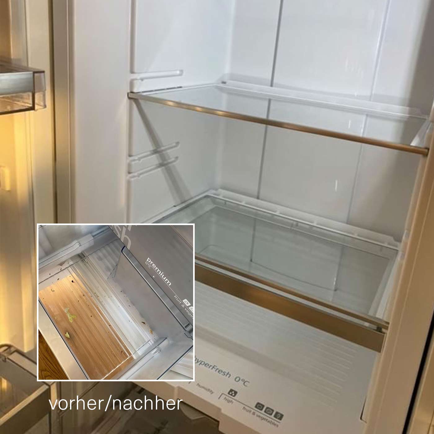 Ein geöffneter, leerer und gründlich gereinigter Kühlschrank mit glänzenden Glasböden und Seitenwänden. Im unteren linken Bereich ist ein kleineres Bild eingeblendet, das den Kühlschrank im verschmutzten Zustand zeigt, mit Essensresten und Flecken. Darunter steht der Text vorher/nachher.